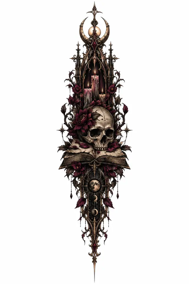 Neo-traditional gothic skull tattoo design for the spine