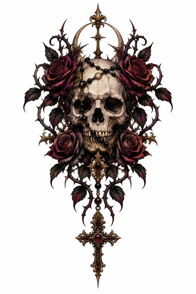 Neo-traditional gothic skull tattoo design for the sternum