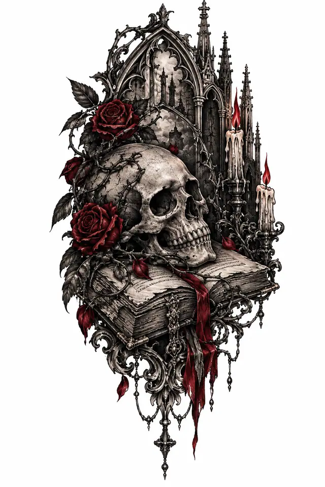 Red and black gothic skull tattoo design for the upper arm (half sleeve)