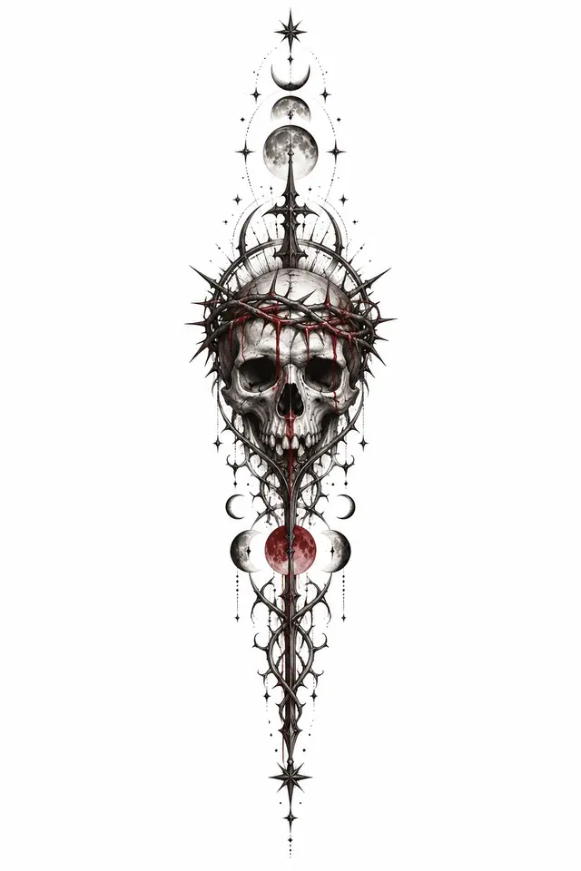 Red and black gothic skull tattoo design for the spine
