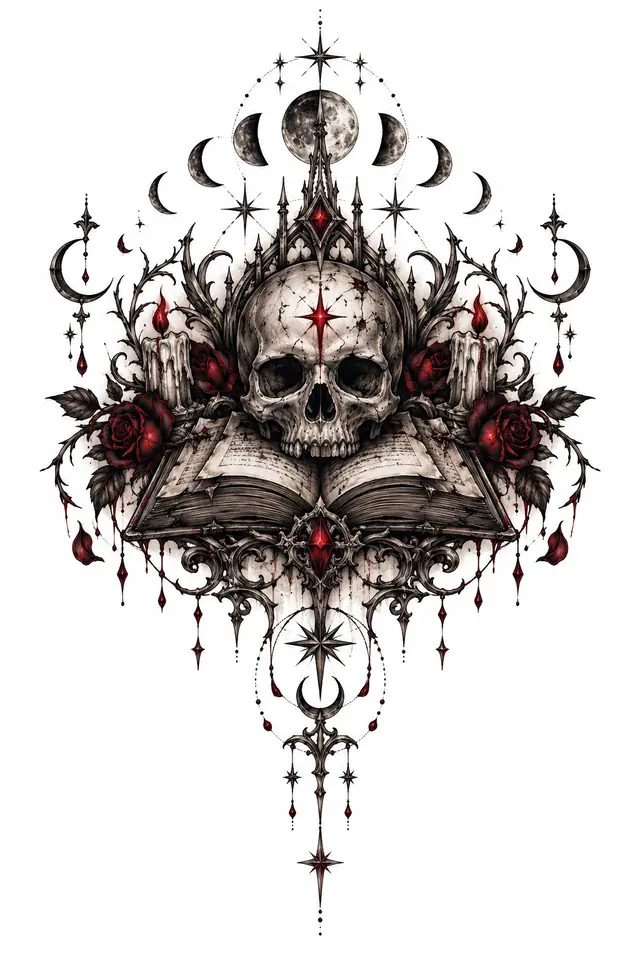 Red and black gothic skull tattoo design for the sternum
