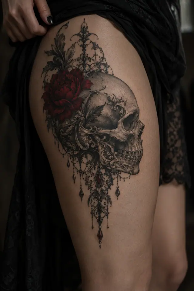 Red and black gothic skull tattoo on the thigh