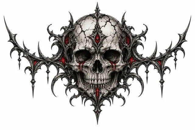 Red and black gothic skull tattoo design for the throat