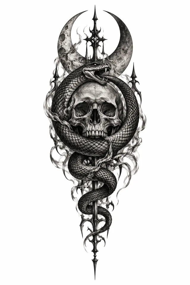 Black and grey snake and dagger tattoo design for the calf