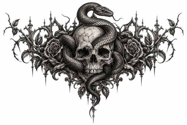 Black and grey snake and dagger tattoo design for the chest