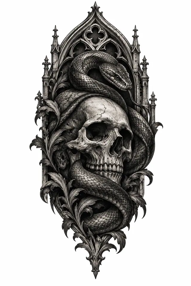 Black and grey snake and dagger tattoo design for the upper arm (half sleeve)