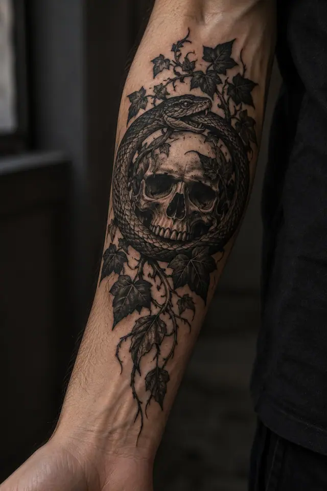 Blackwork snake and dagger tattoo on the forearm