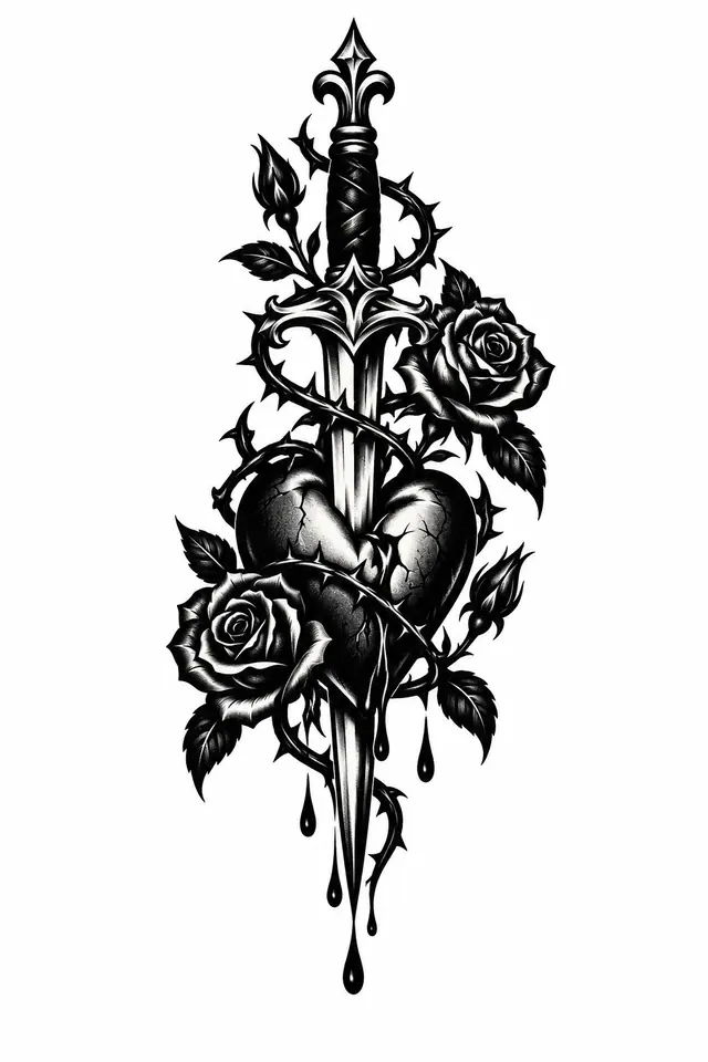 Blackwork snake and dagger tattoo design for the hand