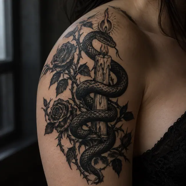Blackwork snake and dagger tattoo on the shoulder