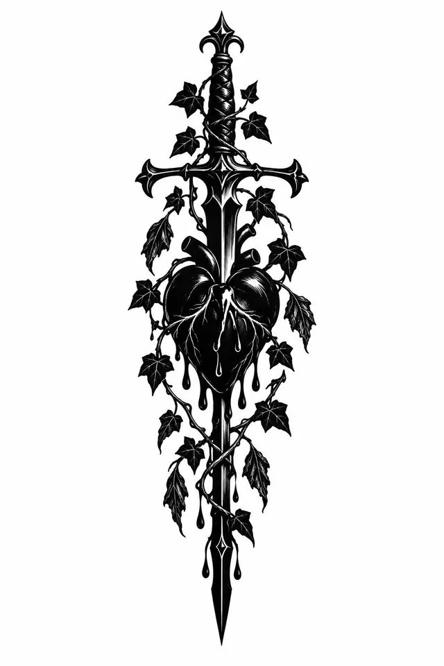 Blackwork snake and dagger tattoo design for the sternum