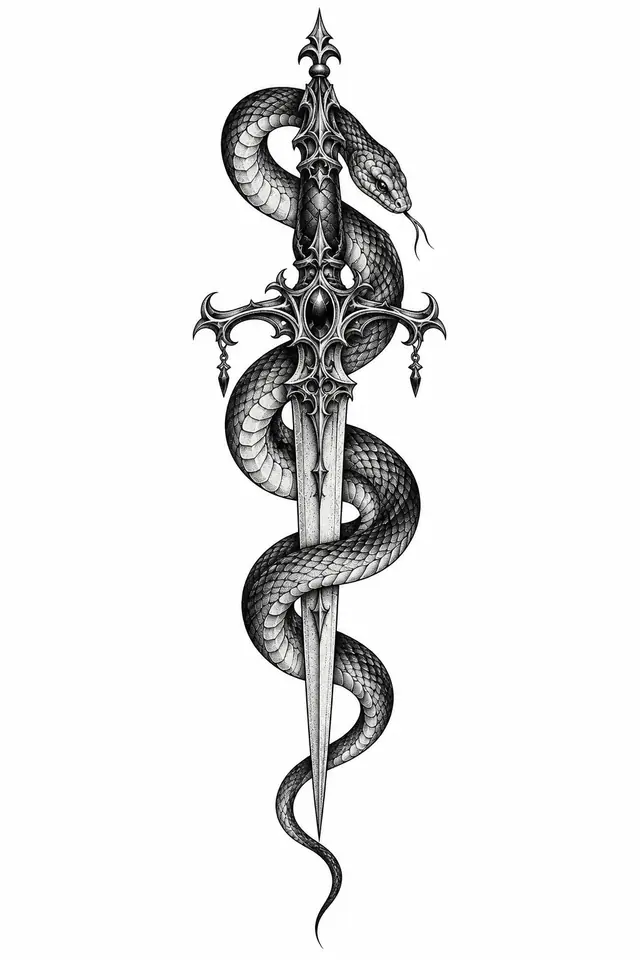 Dotwork snake and dagger tattoo design for the thigh