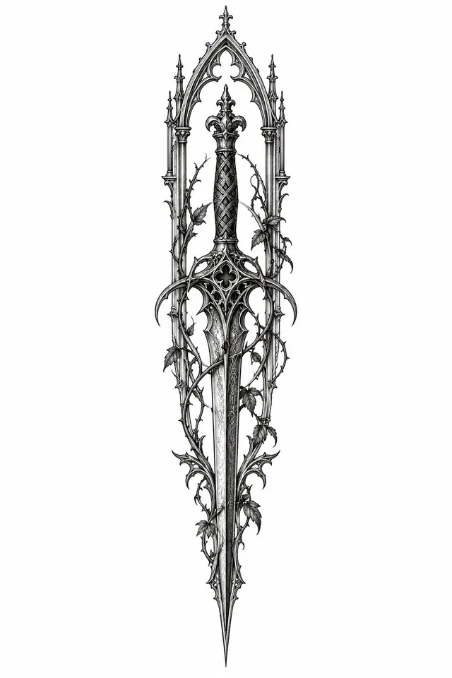 Engraving-style snake and dagger tattoo design for the spine