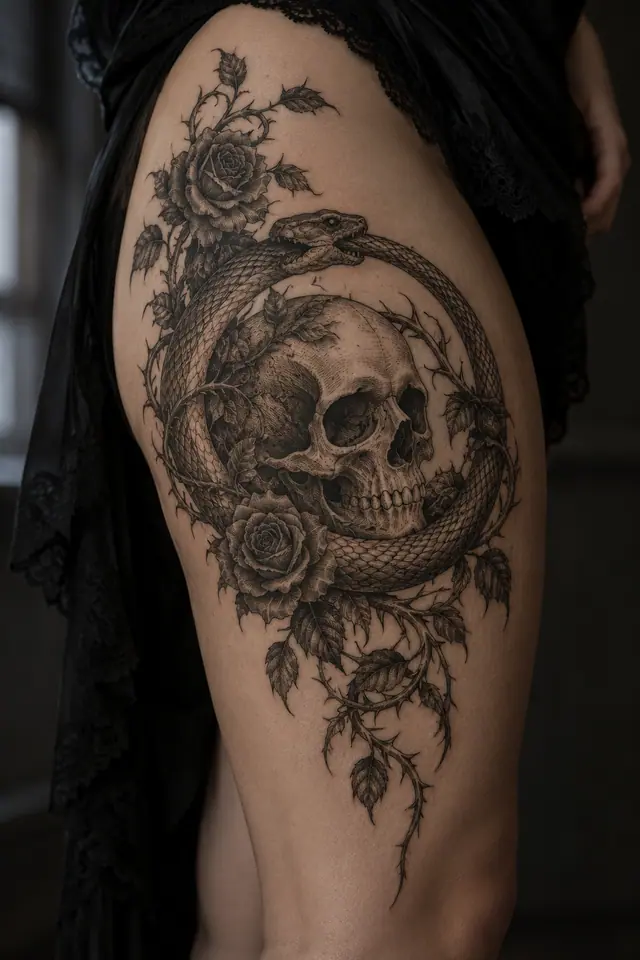 Engraving-style snake and dagger tattoo on the thigh