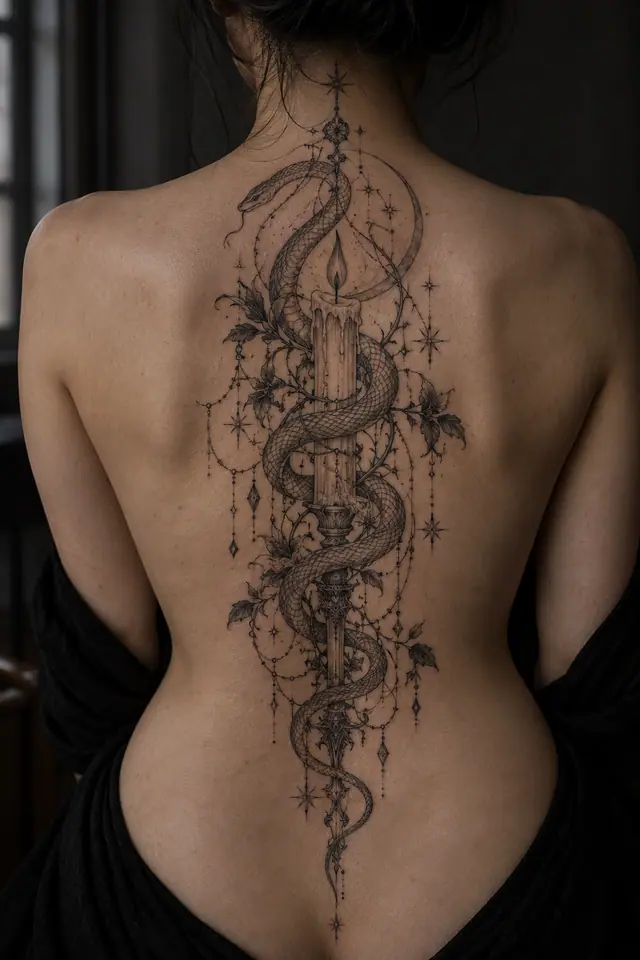 Fine-line snake and dagger tattoo on the back