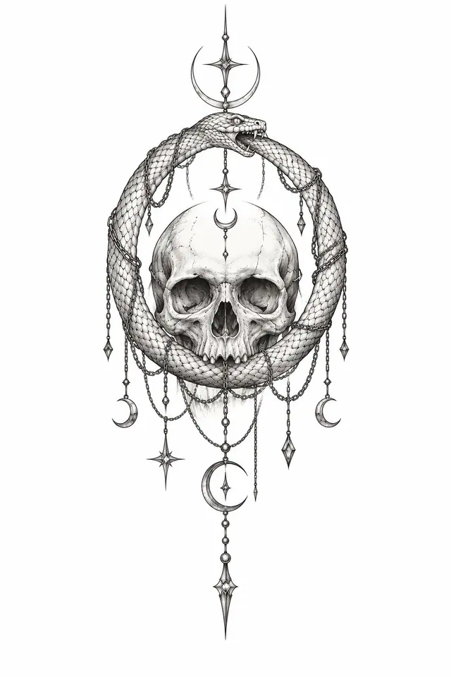 Fine-line snake and dagger tattoo design for the calf