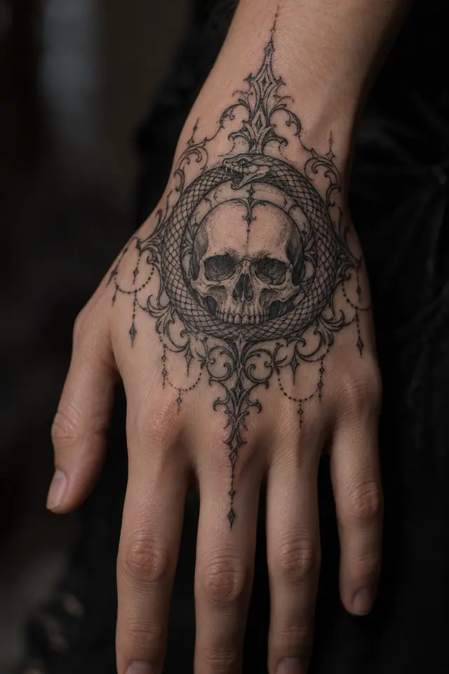 Fine-line snake and dagger tattoo on the hand