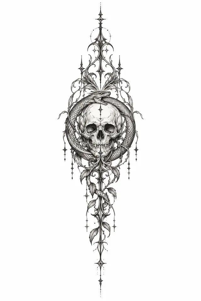 Fine-line snake and dagger tattoo design for the spine