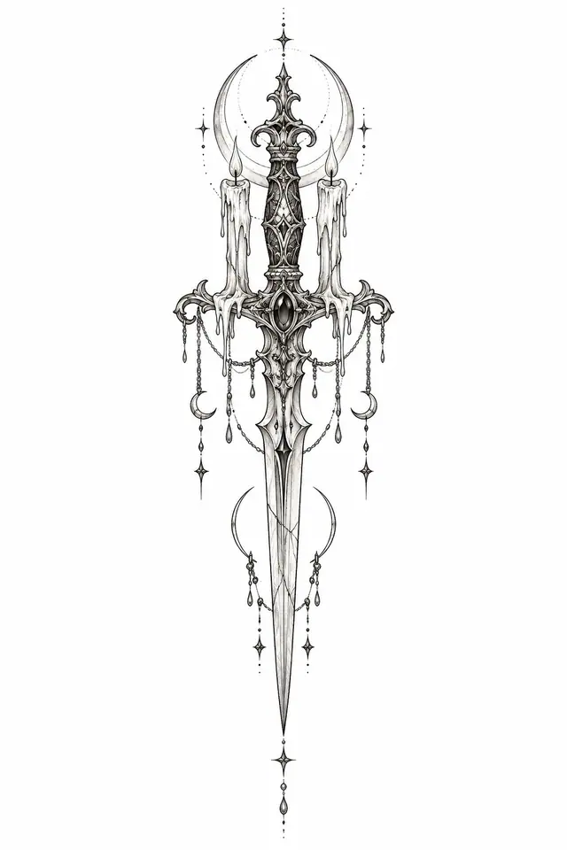 Fine-line snake and dagger tattoo design for the sternum