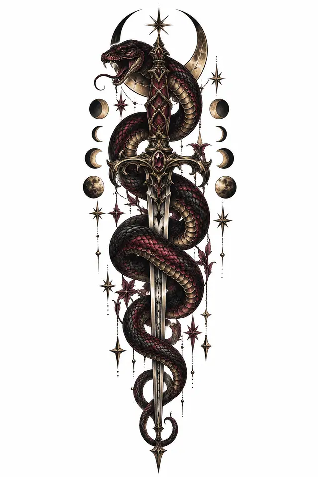 Neo-traditional snake and dagger tattoo design for the calf