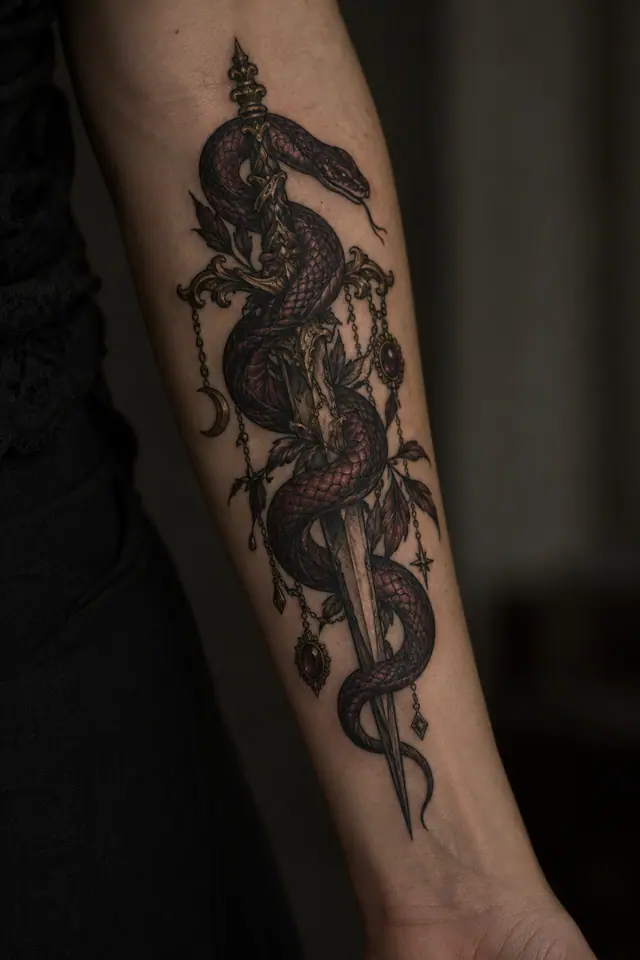 Neo-traditional snake and dagger tattoo on the forearm