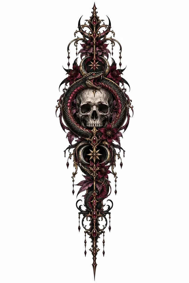 Neo-traditional snake and dagger tattoo design for the spine