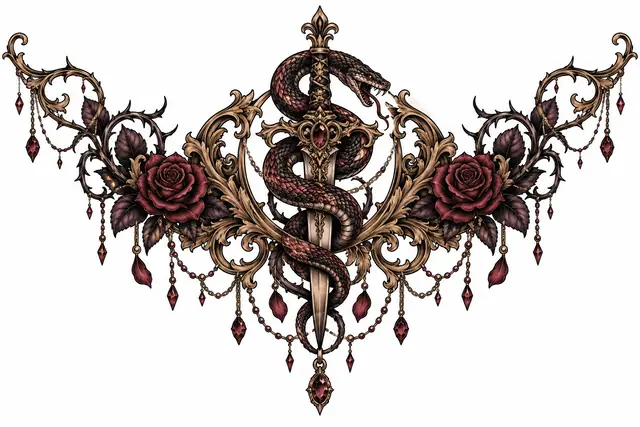 Neo-traditional snake and dagger tattoo design for the throat