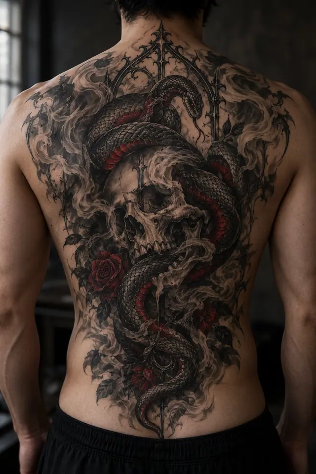 Red and black snake and dagger tattoo on the back