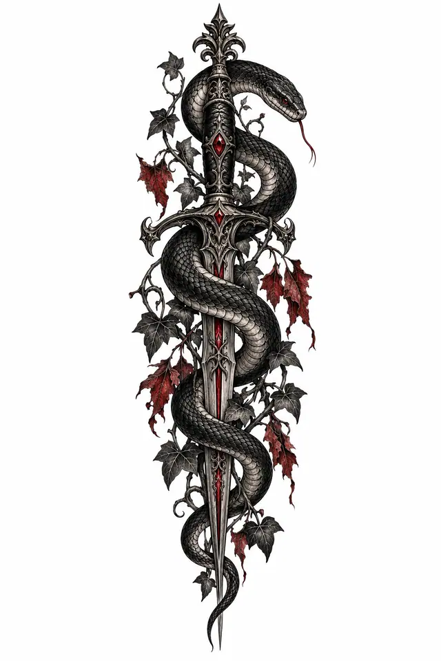 Red and black snake and dagger tattoo design for the calf