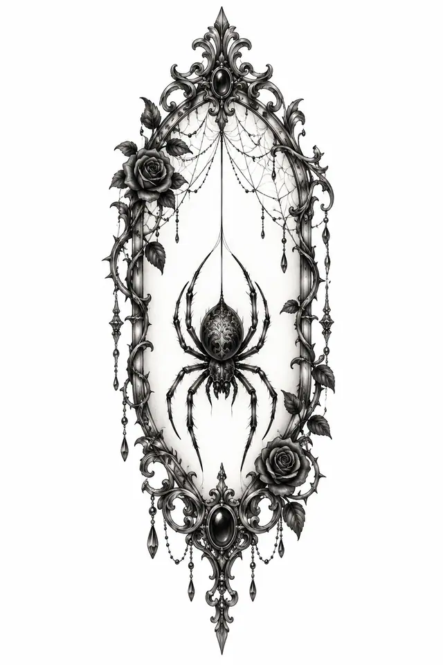 Black and grey gothic spider tattoo design for the thigh