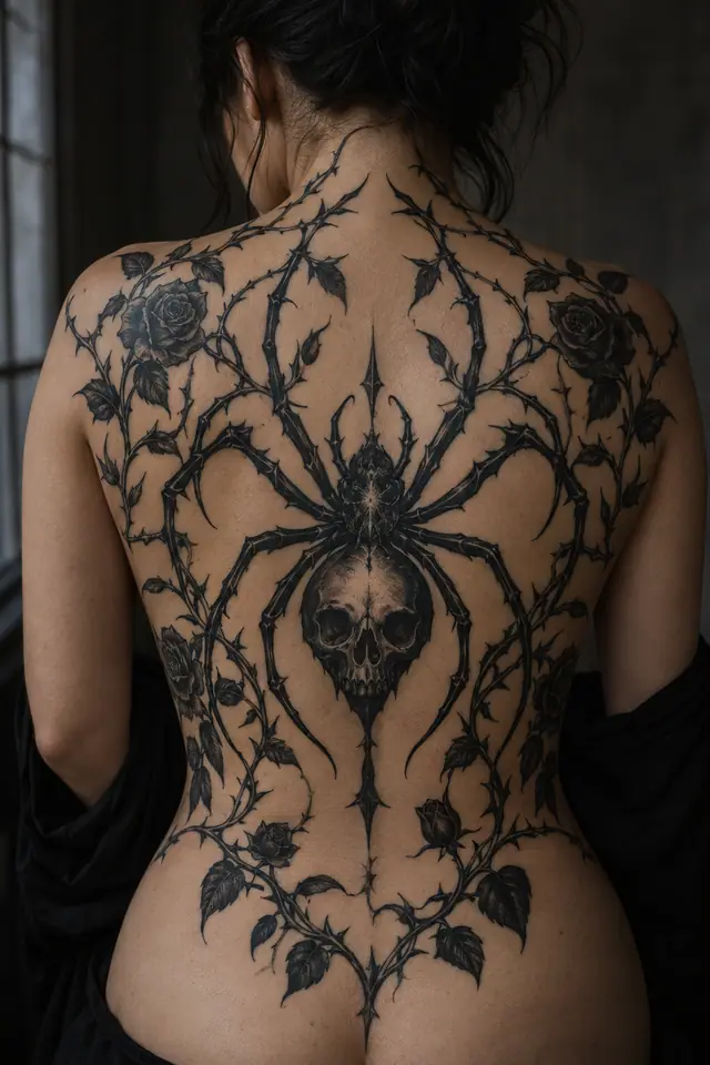 Blackwork gothic spider tattoo on the back