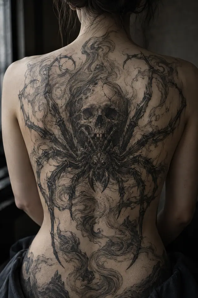Engraving-style gothic spider tattoo on the back