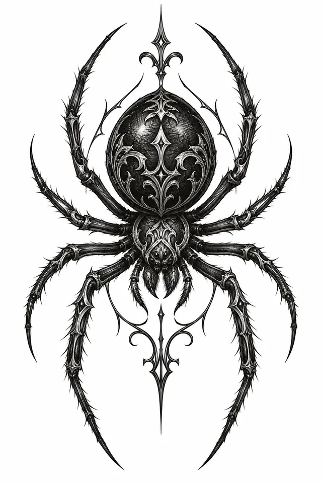 Engraving-style gothic spider tattoo design for the hand