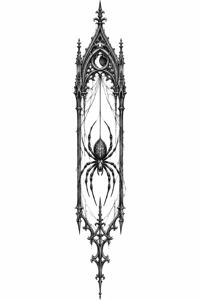 Engraving-style gothic spider tattoo design for the spine