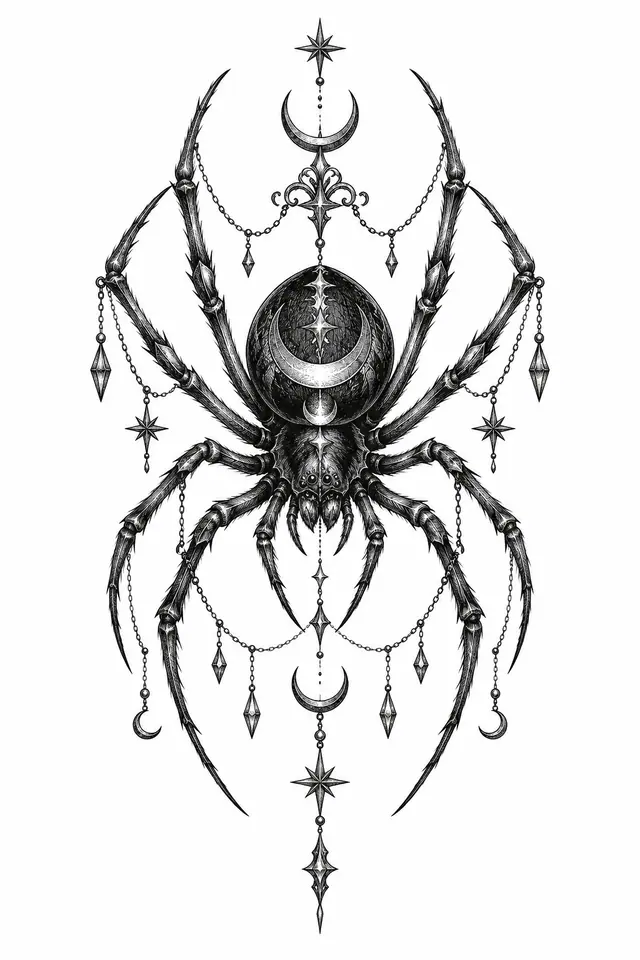 Engraving-style gothic spider tattoo design for the sternum
