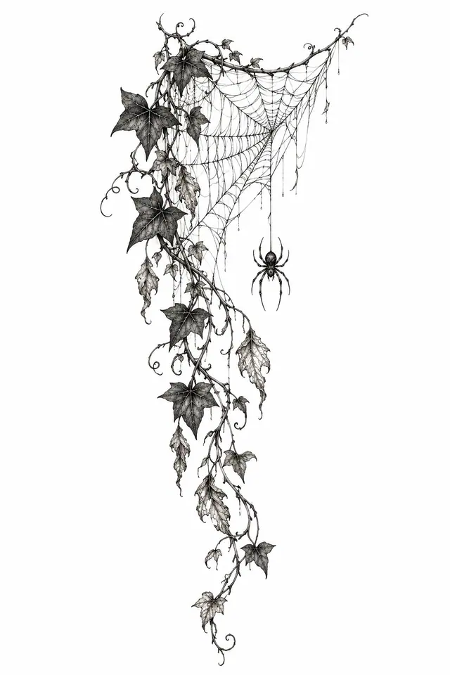 Fine-line gothic spider tattoo design for the calf