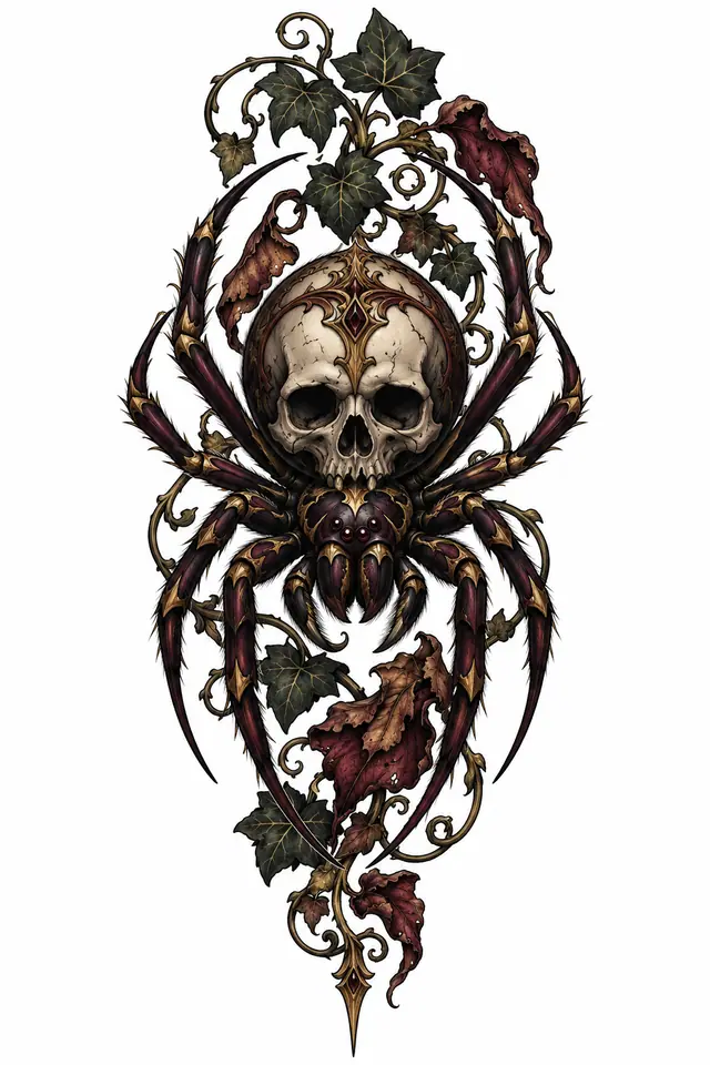 Neo-traditional gothic spider tattoo design for the calf