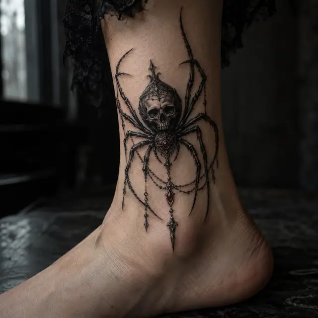 Red and black gothic spider tattoo on the ankle