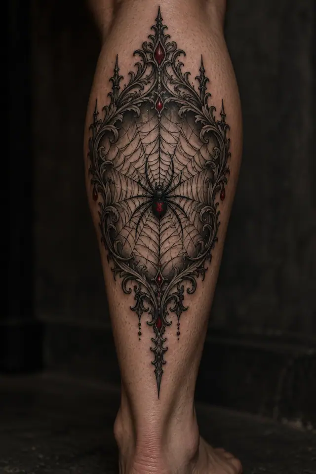 Red and black gothic spider tattoo on the calf