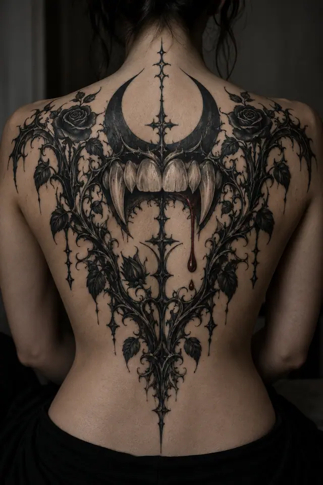 Blackwork gothic vampire tattoo on the back