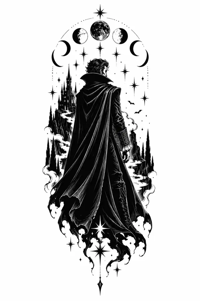 Blackwork gothic vampire tattoo design for the calf