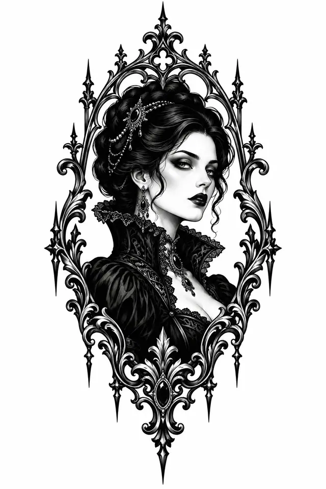 Blackwork gothic vampire tattoo design for the thigh
