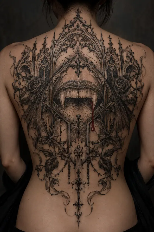 Engraving-style gothic vampire tattoo on the back
