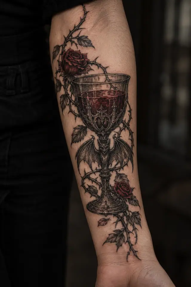 Engraving-style gothic vampire tattoo on the forearm