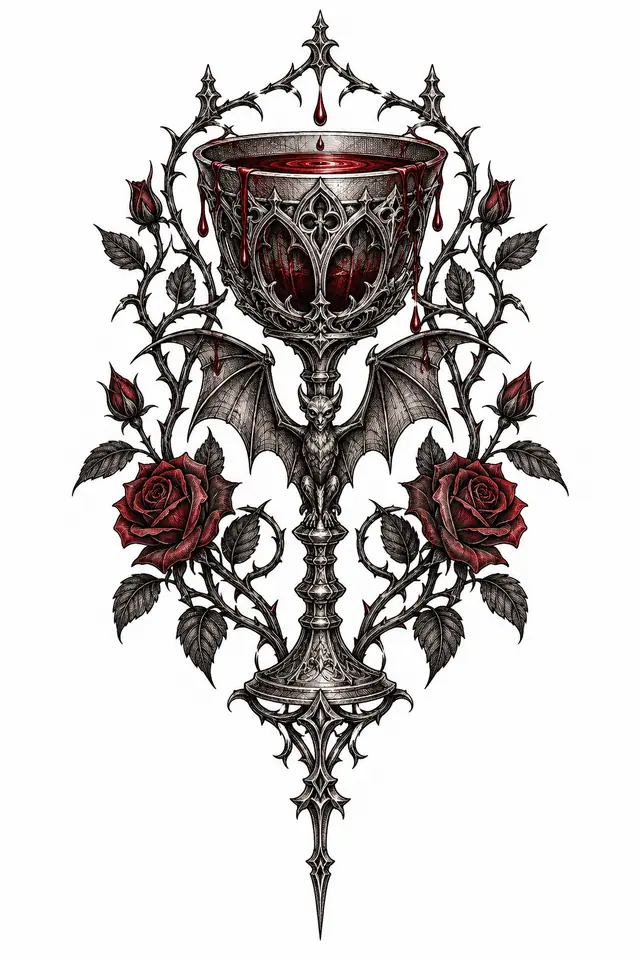 Engraving-style gothic vampire tattoo design for the sternum