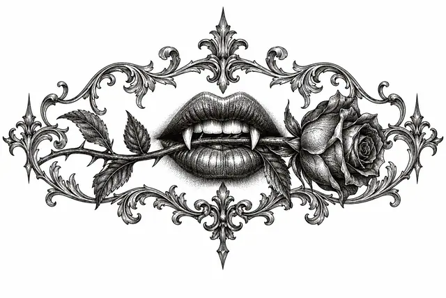 Engraving-style gothic vampire tattoo design for the throat