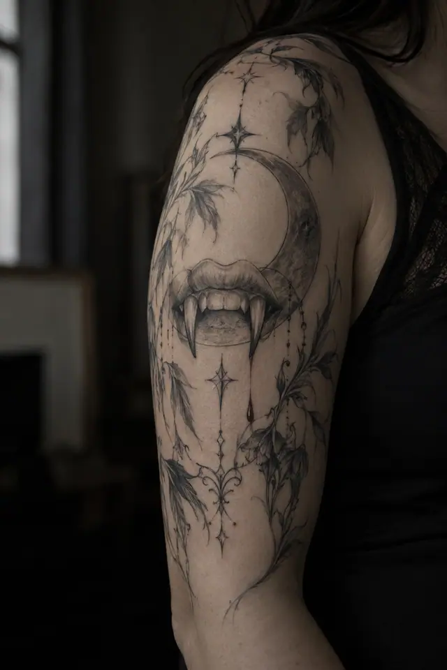 Fine-line gothic vampire tattoo on the upper arm (half sleeve)