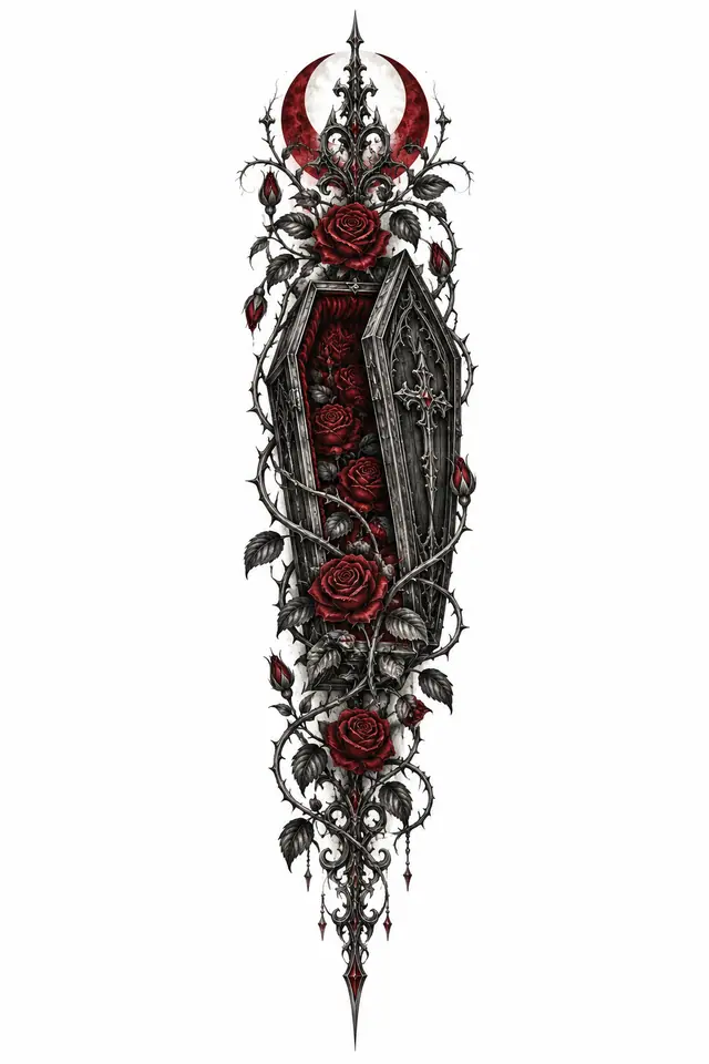 Red and black gothic vampire tattoo design for the spine