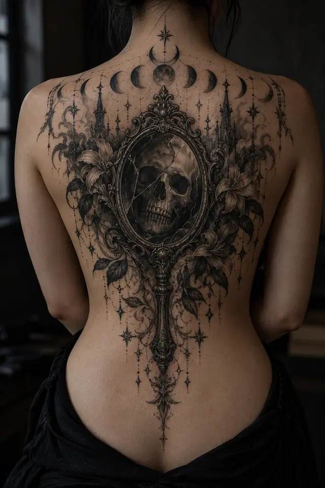 Black and grey Victorian gothic tattoo on the back