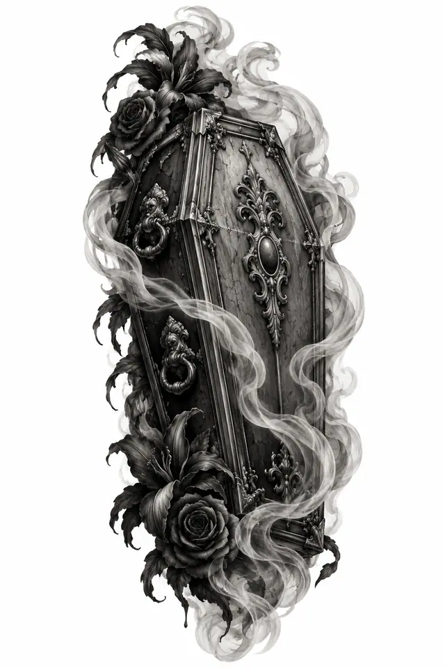 Black and grey Victorian gothic tattoo design for the thigh
