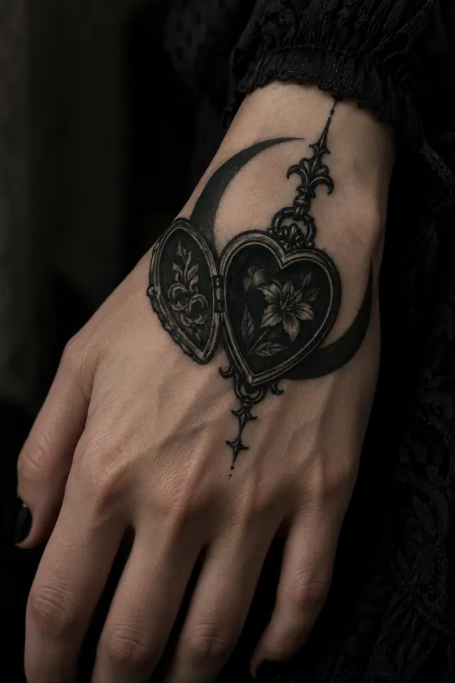 Blackwork Victorian gothic tattoo on the hand